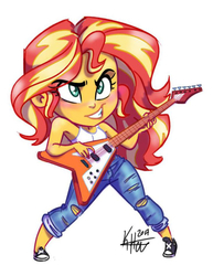 Size: 1187x1534 | Tagged: safe, artist:katrina hadley, artist:lunchie, sunset shimmer, equestria girls, g4, chibi, clothes, converse, electric guitar, female, guitar, musical instrument, official fan art, pants, shoes, simple background, sleeveless, solo, white background