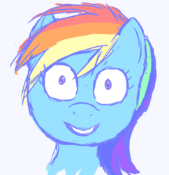 Size: 859x886 | Tagged: safe, artist:notawriteranon, rainbow dash, pony, g4, female, grin, insanity, looking at you, mare, messy mane, simple background, smiling, solo, wide eyes, yandere, yanderebow dash