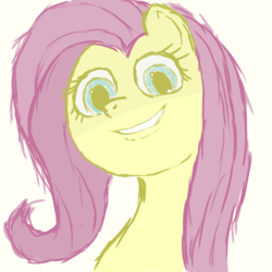 Size: 1000x1000 | Tagged: safe, artist:notawriteranon, fluttershy, pony, g4, female, grin, insanity, looking at you, mare, messy mane, simple background, smiling, solo, wide eyes, yandere, yandereshy