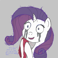 Size: 1000x1000 | Tagged: safe, artist:notawriteranon, rarity, pony, unicorn, g4, crying, dialogue, female, grin, implied anon, insanity, makeup, mare, messy mane, necktie, running makeup, simple background, smiling, solo, wide eyes, yandere, yanderity