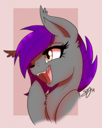 Size: 819x1024 | Tagged: artist needed, source needed, safe, oc, oc only, bat pony, pony, bat pony oc, bust, cute, cute little fangs, fangs, female, laughing, mare, open mouth, smiling, solo