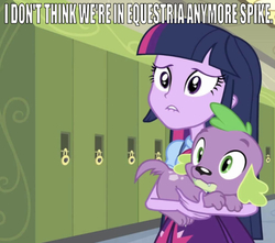 Size: 639x566 | Tagged: safe, edit, edited screencap, editor:undeadponysoldier, screencap, spike, twilight sparkle, dog, equestria girls, g4, my little pony equestria girls, canterlot high, caption, female, hallway, i don't think we're in kansas anymore toto, image macro, lip bite, lockers, male, meme, reference, spike the dog, text, the wizard of oz