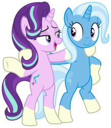 Size: 2641x3034 | Tagged: safe, artist:sketchmcreations, edit, editor:slayerbvc, vector edit, starlight glimmer, trixie, pony, unicorn, g4, road to friendship, bipedal, coat markings, duo, female, high res, hoof around neck, hooves on hips, looking at each other, mare, open mouth, ponies wearing sunburst's socks, simple background, smiling, socks (coat markings), transparent background, vector, we're friendship bound