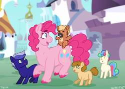 Size: 1055x757 | Tagged: safe, artist:quincydragon, pinkie pie, oc, oc:caramel crunch, oc:gumball, hippogriff, hybrid, pony, g4, colt, female, filly, interspecies offspring, magical lesbian spawn, male, offspring, older, parent:pinkie pie, parent:princess skystar, parents:skypie