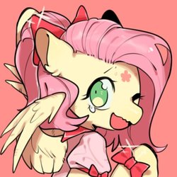 Size: 512x512 | Tagged: safe, artist:snowillusory, fluttershy, pegasus, pony, g4, bow, bust, clothes, female, looking at you, magical girl, one eye closed, open mouth, portrait, simple background, smiling, solo, spread wings, three quarter view, wings, wink
