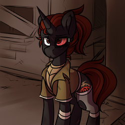 Size: 900x900 | Tagged: safe, artist:crimmharmony, oc, oc only, oc:protege, pony, unicorn, fallout equestria, fallout equestria: murky number seven, bandage, bruised, clothes, fanfic art, jacket, male, scar, solo, stallion