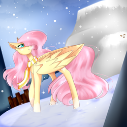 Size: 2000x2000 | Tagged: safe, artist:tayblossom, fluttershy, pegasus, pony, g4, clothes, female, hair over one eye, high res, looking away, mare, mountain, scarf, snow, snowfall, solo, standing, turned head, wings, winter outfit