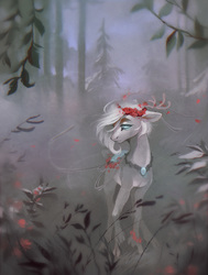 Size: 1620x2144 | Tagged: safe, artist:dearmary, oc, oc only, deer, pony, blue eyes, cloven hooves, deer oc, floral head wreath, flower, forest, jewelry, limited color, necklace, snow, solo