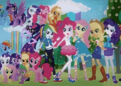 Size: 462x329 | Tagged: safe, applejack, fluttershy, pinkie pie, rainbow dash, rarity, sci-twi, spike, twilight sparkle, alicorn, equestria girls, g4, my little pony equestria girls: better together, my little pony: the movie, animated, anime, converse, female, geode of fauna, geode of shielding, geode of super speed, geode of super strength, geode of telekinesis, gif, humane five, humane six, magical geodes, mane six, shoes, sneakers, twilight sparkle (alicorn)