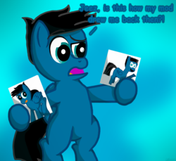 Size: 3600x3300 | Tagged: safe, artist:agkandphotomaker2000, oc, oc only, oc:pony video maker, pegasus, pony, badly drawn ponies, bipedal, drawing, high res, male, meta, new, old, old vs new, solo, wondering