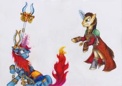 Size: 1024x723 | Tagged: safe, artist:salahir, pony, unicorn, ahzek ahriman, clothes, coat, colored pencil drawing, crossover, duo, female, gregor eisenhorn, inquisitor, magic, magic aura, male, mare, ponified, prosthetic horn, prosthetics, purity seal, rearing, rule 63, staff, stallion, traditional art, warhammer (game), warhammer 40k