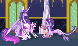 Size: 3612x2125 | Tagged: safe, artist:sugaryicecreammlp, starlight glimmer, twilight sparkle, oc, oc:aura sparkle, oc:magic star, alicorn, pony, unicorn, g4, alicorn oc, blaze (coat marking), chest fluff, coat markings, curved horn, facial markings, female, filly, glasses, high res, horn, leonine tail, mama starlight, mare, mother and child, mother and daughter, offspring, parent:flash sentry, parent:starlight glimmer, parent:sunburst, parent:twilight sparkle, parents:flashlight, parents:starburst, socks (coat markings), twilight sparkle (alicorn), unshorn fetlocks