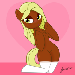 Size: 1500x1500 | Tagged: safe, alternate version, artist:archooves, derpibooru exclusive, oc, oc only, oc:xocolatl, semi-anthro, adorasexy, anatomically incorrect, arm hooves, blushing, clothes, cute, incorrect leg anatomy, sexy, socks, solo