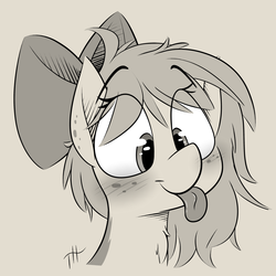 Size: 3000x3000 | Tagged: safe, artist:fakskis, oc, oc only, pony, :p, blushing, bow, bust, chest fluff, ear freckles, eye clipping through hair, female, freckles, high res, mlem, monochrome, silly, tongue out