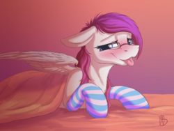 Size: 2000x1500 | Tagged: safe, artist:becausewhynot, oc, oc only, oc:astral heart, pegasus, pony, :p, blushing, clothes, female, floppy ears, glasses, mare, signature, socks, solo, striped socks, tongue out, ych result