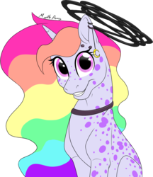 Size: 765x886 | Tagged: safe, artist:mythpony, oc, oc only, oc:aura, pony, unicorn, female, halo, mare, rainbow hair, simple background, solo, transparent background