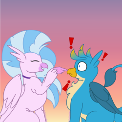 Size: 3000x3000 | Tagged: safe, artist:solardoodles, gallus, silverstream, griffon, hippogriff, g4, boop, duo, exclamation point, female, fluffy, gradient background, high res, male, ship:gallstream, shipping, smiling, straight, sunset, surprised