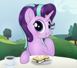 Size: 1000x890 | Tagged: safe, artist:noosa, derpibooru exclusive, starlight glimmer, pony, unicorn, g4, blushing, bush, cafe, cute, female, food, glimmerbetes, looking at you, mare, raised hoof, sandwich, sitting, smiling, solo, table, tea, tree