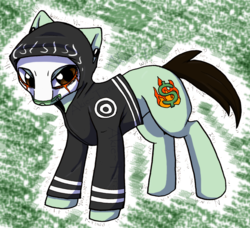 Size: 761x694 | Tagged: safe, artist:akie-tara, oc, oc only, earth pony, pony, clothes, hollywood undead, hoodie, j-dog, looking at you, male, mask, ponified, raised hoof, rapper, solo, stallion