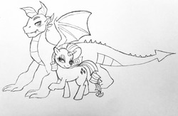 Size: 1280x834 | Tagged: artist needed, source needed, useless source url, safe, rarity, spike, dragon, pony, g4, female, male, monochrome, older, older spike, quadrupedal spike, ship:sparity, shipping, straight, traditional art, winged spike, wings