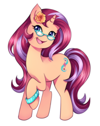Size: 3599x4499 | Tagged: safe, artist:autumn rush, oc, oc only, oc:amber spark, pony, unicorn, bracelet, cute, female, flower, flower in hair, glasses, jewelry, mare, runes, simple background, smiling, smiling at you, solo, transparent background, white outline