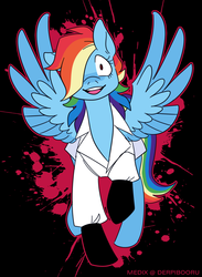 Size: 1100x1500 | Tagged: safe, artist:medix, derpibooru exclusive, rainbow dash, pegasus, pony, fanfic:rainbow factory, g4, abstract background, clothes, crazy face, creepypasta, faic, female, gloves, lab coat, rainbow factory dash, solo, splatter, spread wings, wings