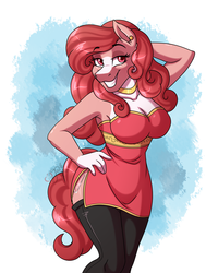 Size: 2800x3700 | Tagged: safe, artist:jack-pie, oc, oc only, oc:scarlet emerald, earth pony, anthro, anthro oc, armpits, breasts, clothes, commission, female, grin, high res, hoers, smiling, solo