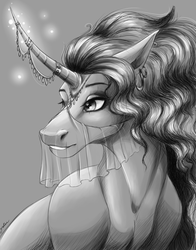 Size: 2894x3684 | Tagged: safe, artist:faline-art, saffron masala, pony, unicorn, g4, ear piercing, earring, female, glowing horn, grayscale, high res, hoers, horn, horn jewelry, jewelry, mare, monochrome, piercing, signature, smiling, solo, veil