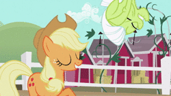 Size: 1280x720 | Tagged: safe, screencap, applejack, granny smith, earth pony, pony, family appreciation day, g4, animated, female, mare, sound, this ended in pain, webm