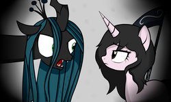 Size: 1900x1135 | Tagged: safe, artist:arrgus-korr, queen chrysalis, oc, changeling, changeling queen, pony, unicorn, g4, angry, base used, black background, bust, dark, dark background, female, halfbody, mare, portrait, serious face, sickle