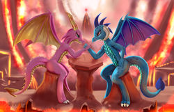 Size: 6300x4055 | Tagged: safe, artist:darksly, princess ember, scales (g4), dragon, g4, arm wrestling, dragon lord ember, dragoness, duo, female, lava, table