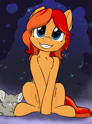 Size: 2125x2834 | Tagged: safe, artist:jubyskylines, oc, oc only, oc:peanut bucker, cat, earth pony, pony, trotcon, chest fluff, cute, high res, looking at you, sitting, smiling, smiling at you, solo
