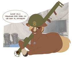 Size: 4750x3850 | Tagged: safe, artist:amaraburrger, derpibooru exclusive, oc, oc only, earth pony, pony, army, army helmet, clothes, dialogue, female, grin, helmet, hoers, looking at you, mare, military, military pony, prone, rocket launcher, sergeant reckless, smiling, soldier, solo, speech bubble, taunting, teasing, toothpick, uniform, unshorn fetlocks, warpone
