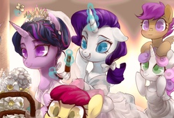 Size: 1835x1240 | Tagged: safe, artist:tingsan, apple bloom, rarity, scootaloo, sweetie belle, twilight sparkle, alicorn, earth pony, pegasus, pony, unicorn, g4, bride, clothes, cutie mark crusaders, dress, female, filly, flower filly, flower girl, flower girl dress, magic, mare, marriage, new crown, smiling, twilight sparkle (alicorn), wedding, wedding dress, wedding veil