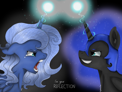 Size: 2048x1536 | Tagged: safe, artist:valiantstar00, nightmare moon, princess luna, pony, g4, abstract background, crying, duality, duo, floppy ears, glowing horn, helmet, horn, looking at each other, missing accessory, open, s1 luna, sidemouth