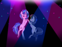 Size: 2048x1536 | Tagged: safe, artist:valiantstar00, dj pon-3, octavia melody, vinyl scratch, earth pony, pony, unicorn, g4, abstract background, bipedal, blushing, bowtie, cutie mark, dancing, female, hooves, horn, lesbian, mare, missing accessory, music notes, ship:scratchtavia, shipping, smiling