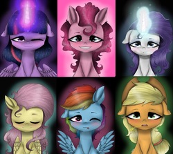 Size: 1516x1354 | Tagged: safe, artist:valiantstar00, applejack, fluttershy, pinkie pie, rainbow dash, rarity, twilight sparkle, alicorn, pony, g4, blushing, bust, eyes closed, female, floppy ears, glowing horn, horn, looking at you, mane six, mare, one eye closed, smiling, spread wings, straw in mouth, tongue out, twilight sparkle (alicorn), wings