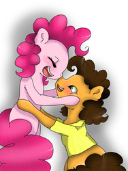 Size: 1536x2048 | Tagged: safe, artist:valiantstar00, cheese sandwich, pinkie pie, earth pony, pony, g4, blushing, cheek squish, clothes, female, happy, holding a pony, male, mare, open mouth, ship:cheesepie, shipping, shirt, sidemouth, simple background, squishy cheeks, stallion, straight, white background