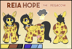 Size: 1234x850 | Tagged: safe, artist:lulubell, oc, oc only, oc:reia hope, cow pony, hybrid, bell, bell collar, collar, cowbell, dock, pegacow, reference sheet, udder