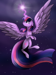 Size: 1536x2048 | Tagged: safe, artist:valiantstar00, twilight sparkle, alicorn, pony, g4, cutie mark, female, flying, glowing horn, horn, large wings, long tail, magic, mare, night, solo, space, spread wings, starry night, stars, twilight sparkle (alicorn), wings