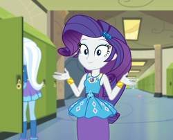 Size: 1338x1080 | Tagged: safe, screencap, rarity, trixie, equestria girls, equestria girls series, g4, sock it to me, spoiler:choose your own ending (season 2), spoiler:eqg series (season 2), bracelet, canterlot high, cropped, geode of shielding, hallway, jewelry, legs, lockers, looking at you, magical geodes, rarity peplum dress, smiling
