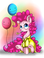 Size: 1536x2048 | Tagged: safe, artist:valiantstar00, pinkie pie, earth pony, pony, g4, abstract background, accessory swap, balloon, beanbrows, clothes, ear fluff, eyebrows, female, glasses, implied cheese sandwich, looking at you, mare, oversized clothes, party whistle, shirt, sitting, solo