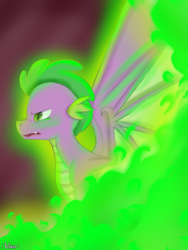 Size: 1800x2400 | Tagged: safe, artist:valiantstar00, spike, dragon, g4, abstract background, badass, epic, fire, green fire, male, open mouth, profile, sidemouth, solo, spread wings, wing claws, winged spike, wings