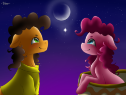 Size: 2400x1800 | Tagged: safe, artist:valiantstar00, cheese sandwich, pinkie pie, earth pony, pony, g4, beanbrows, blushing, crescent moon, eye reflection, eyebrows, female, floppy ears, looking up, lyrics in the description, male, mare, moon, night, reflection, ship:cheesepie, shipping, smiling, stallion, starry night, stars, straight