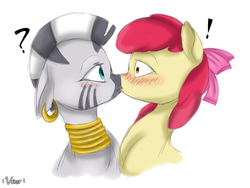 Size: 2048x1536 | Tagged: dead source, safe, artist:valiantstar00, apple bloom, zecora, earth pony, pony, zebra, g4, accidental kiss, blushing, bust, ear piercing, earring, exclamation point, female, floppy ears, jewelry, kissing, lesbian, mare, neck rings, piercing, quadrupedal, question mark, shipping, simple background, surprise kiss, surprised, unexpected, white background, zecobloom