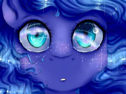 Size: 2048x1536 | Tagged: safe, artist:valiantstar00, princess luna, pony, g4, ambiguous facial structure, beautiful, bust, crescent moon, ethereal mane, eye reflection, female, freckles, looking at you, mare, moon, open mouth, reflection, solo, star freckles, starry mane, stars