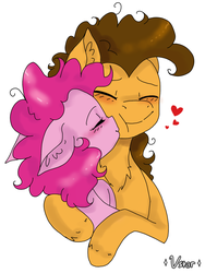 Size: 1536x2048 | Tagged: safe, artist:valiantstar00, cheese sandwich, pinkie pie, earth pony, pony, g4, :t, blushing, cheek kiss, chest fluff, ear fluff, eyes closed, female, floppy ears, heart, hug, kissing, male, mare, missing accessory, ship:cheesepie, shipping, simple background, smiling, stallion, straight, white background