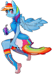 Size: 569x798 | Tagged: safe, artist:pomadora1, rainbow dash, pegasus, anthro, plantigrade anthro, g4, ambiguous facial structure, blush sticker, blushing, boots, clothes, drinking straw, ear fluff, equestria girls outfit, eye clipping through hair, female, glass, looking at you, shoes, simple background, socks, solo, spread wings, white background, wings