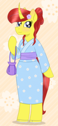 Size: 832x1804 | Tagged: safe, artist:dyonys, oc, oc:maya yamato, unicorn, semi-anthro, arm hooves, bag, blushing, clothes, curved horn, cute, flower, flower in hair, horn, sandals, simple background, standing, yukata