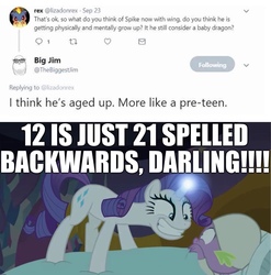 Size: 1632x1650 | Tagged: safe, edit, edited screencap, screencap, rarity, spike, dragon, pony, unicorn, dragon dropped, g4, bed, caption, darling, excessive exclamation marks, female, image macro, implied shipping, implied sparity, implied straight, jim miller, male, mare, meta, pillow, text, twitter, winged spike, wings